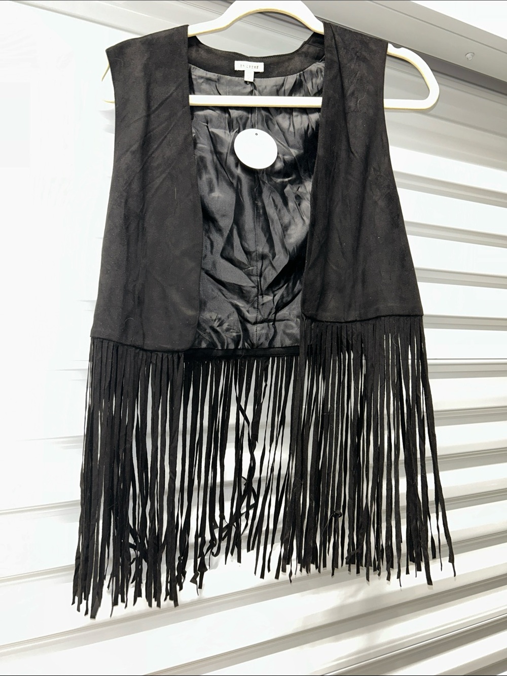 En Creme Black Fringe Suede-Look Vest